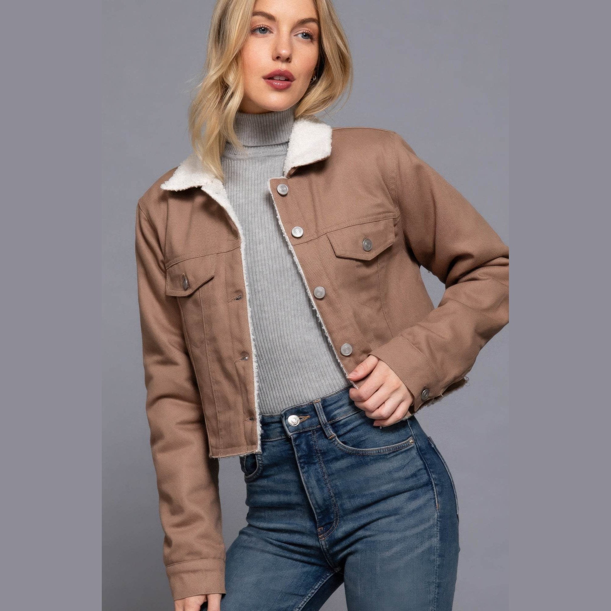 Button Closure Sherpa-lined Twill Jacket - VacationGrabs