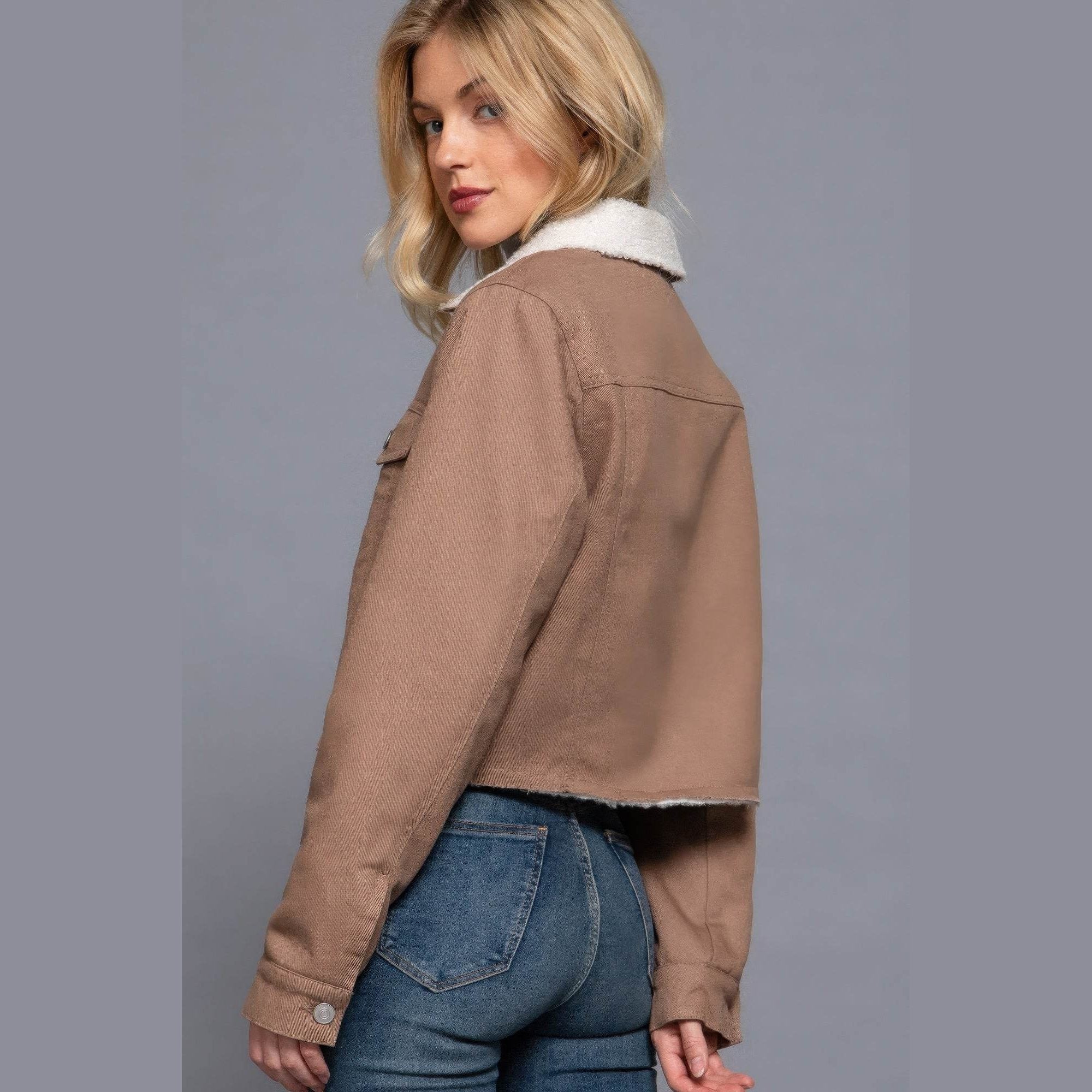 Button Closure Sherpa-lined Twill Jacket - VacationGrabs