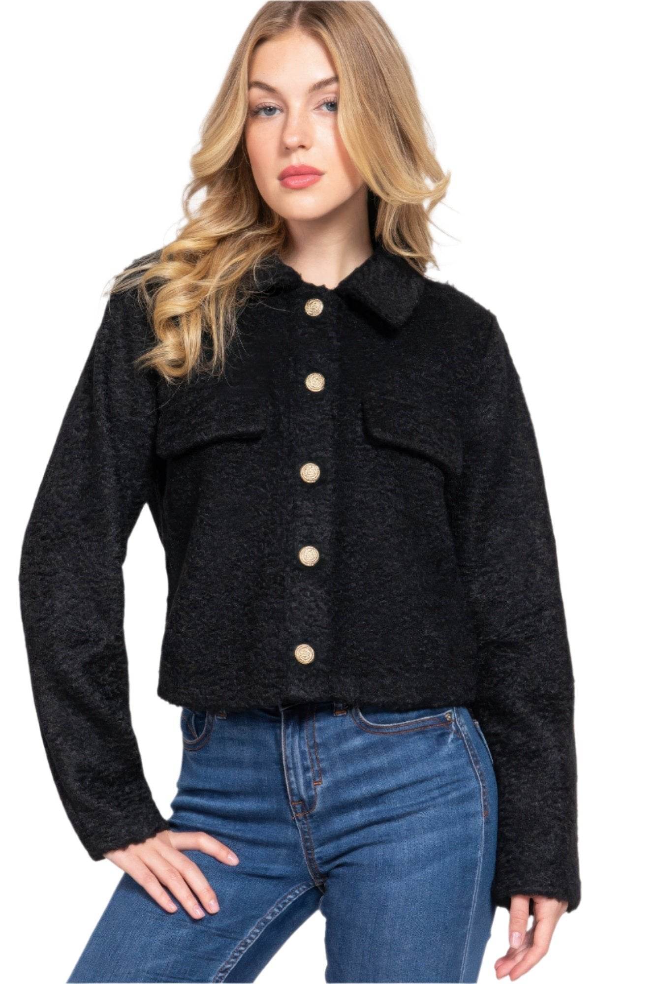 Long Slv Teddy Fleece Short Jacket - VacationGrabs