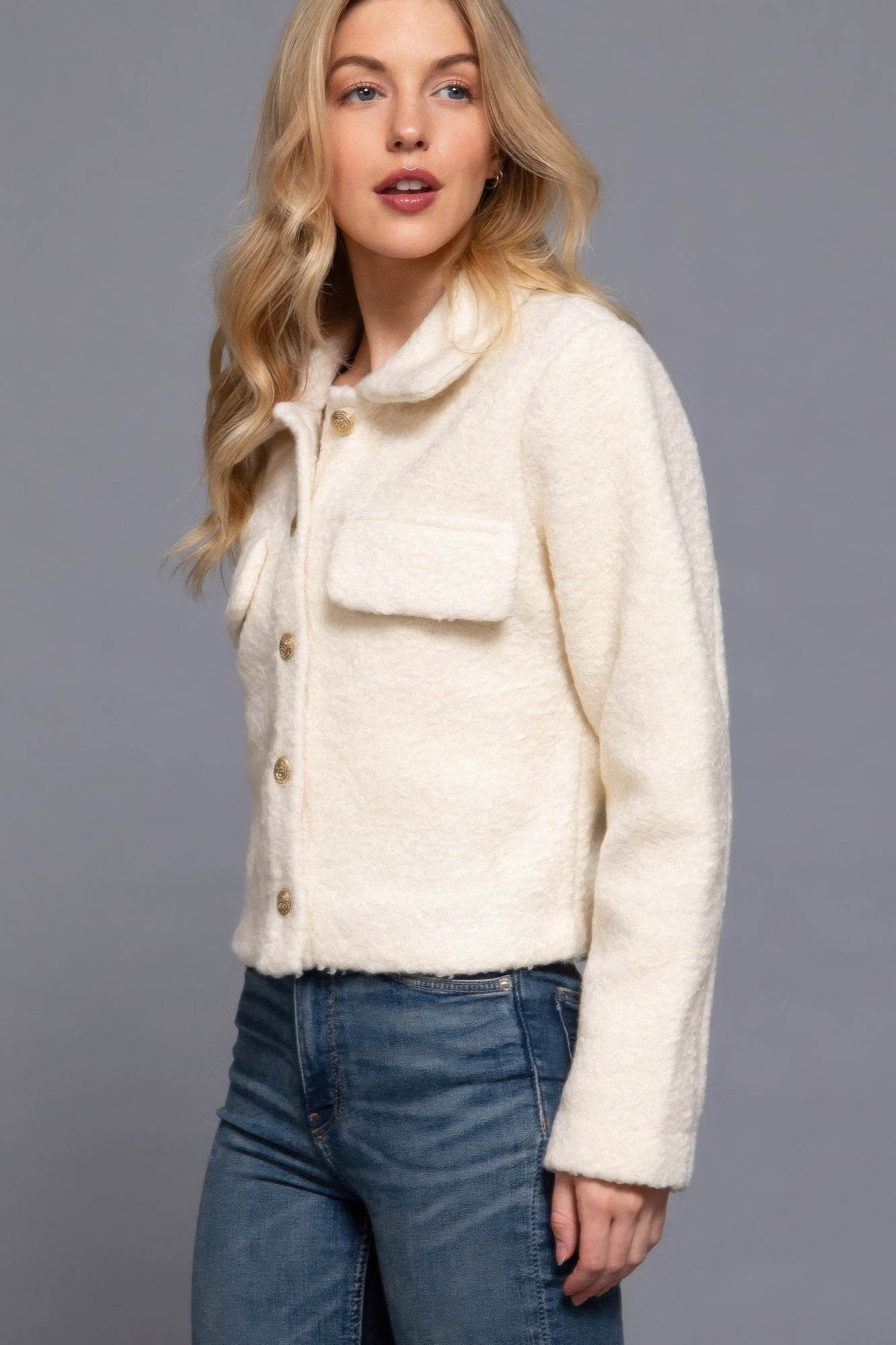 Long Slv Teddy Fleece Short Jacket - VacationGrabs