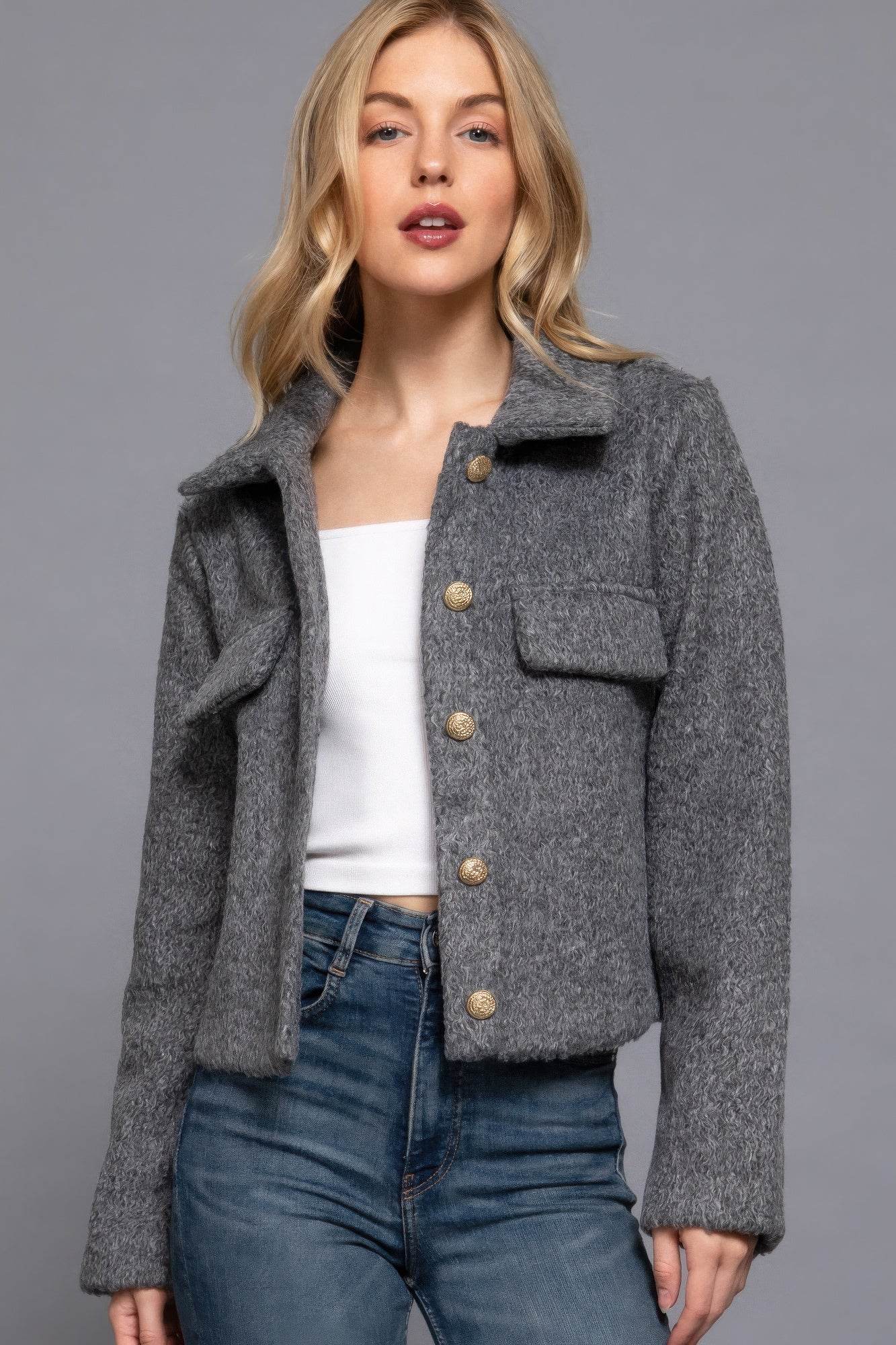 Long Slv Teddy Fleece Short Jacket - VacationGrabs