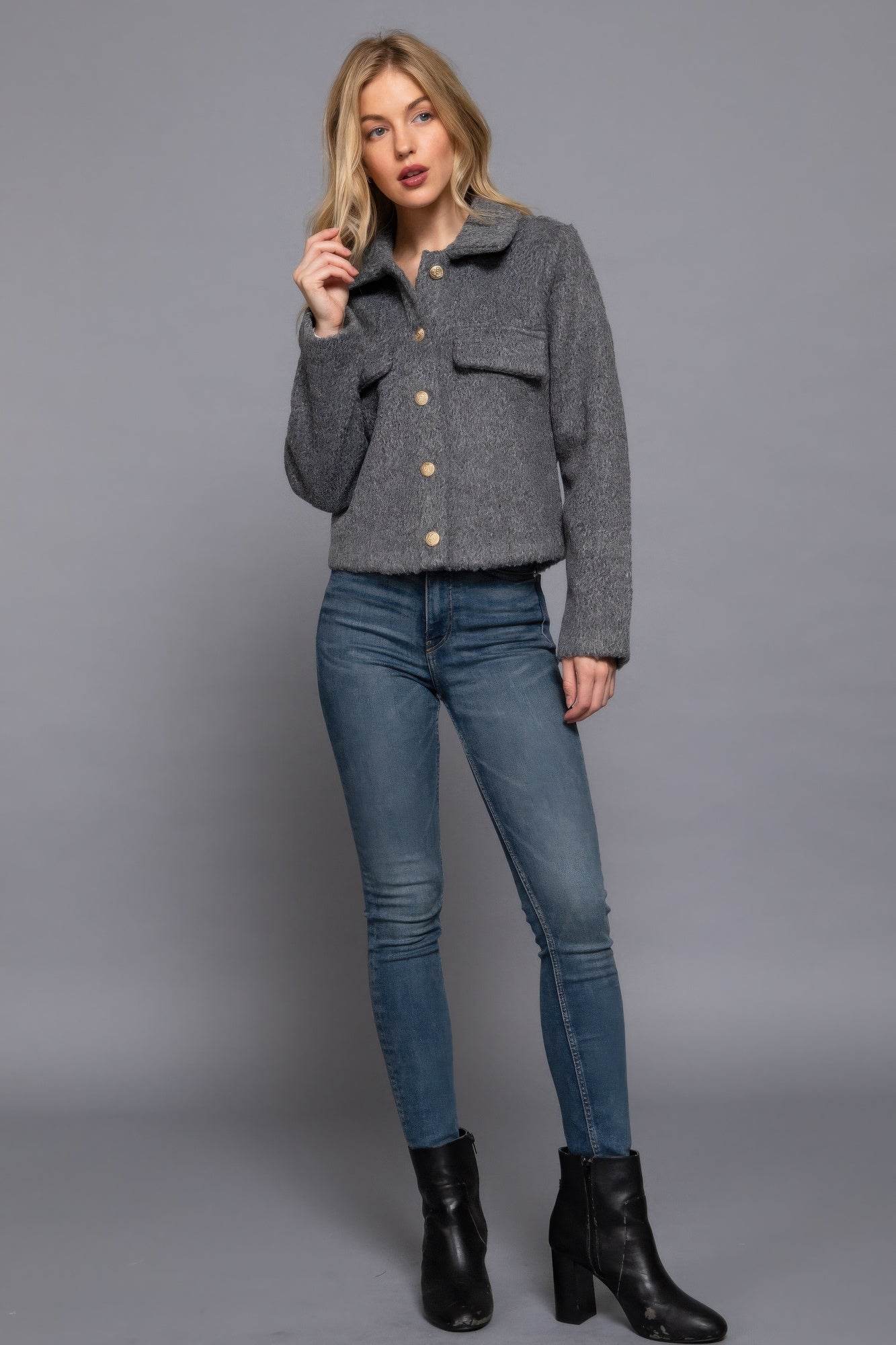 Long Slv Teddy Fleece Short Jacket - VacationGrabs