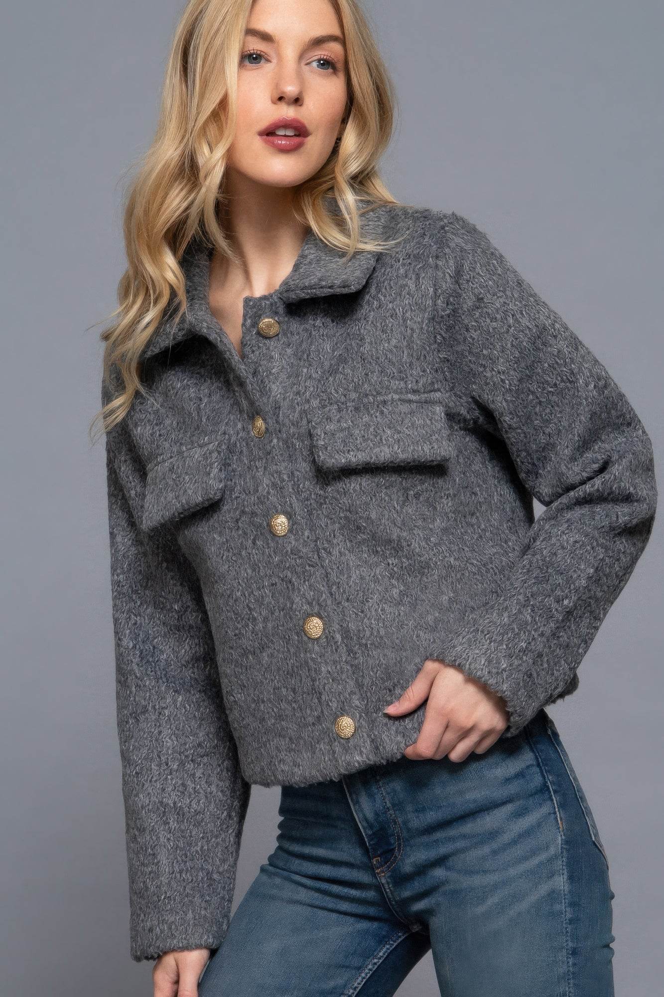 Long Slv Teddy Fleece Short Jacket - VacationGrabs