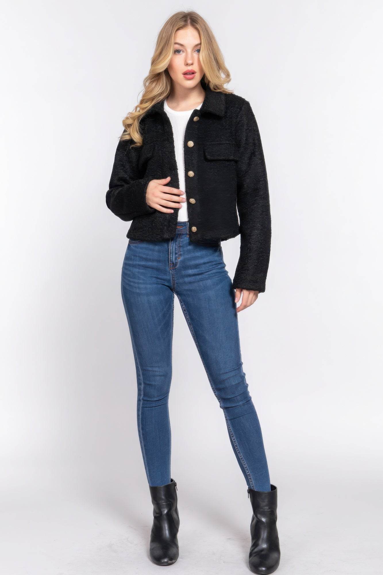 Long Slv Teddy Fleece Short Jacket - VacationGrabs