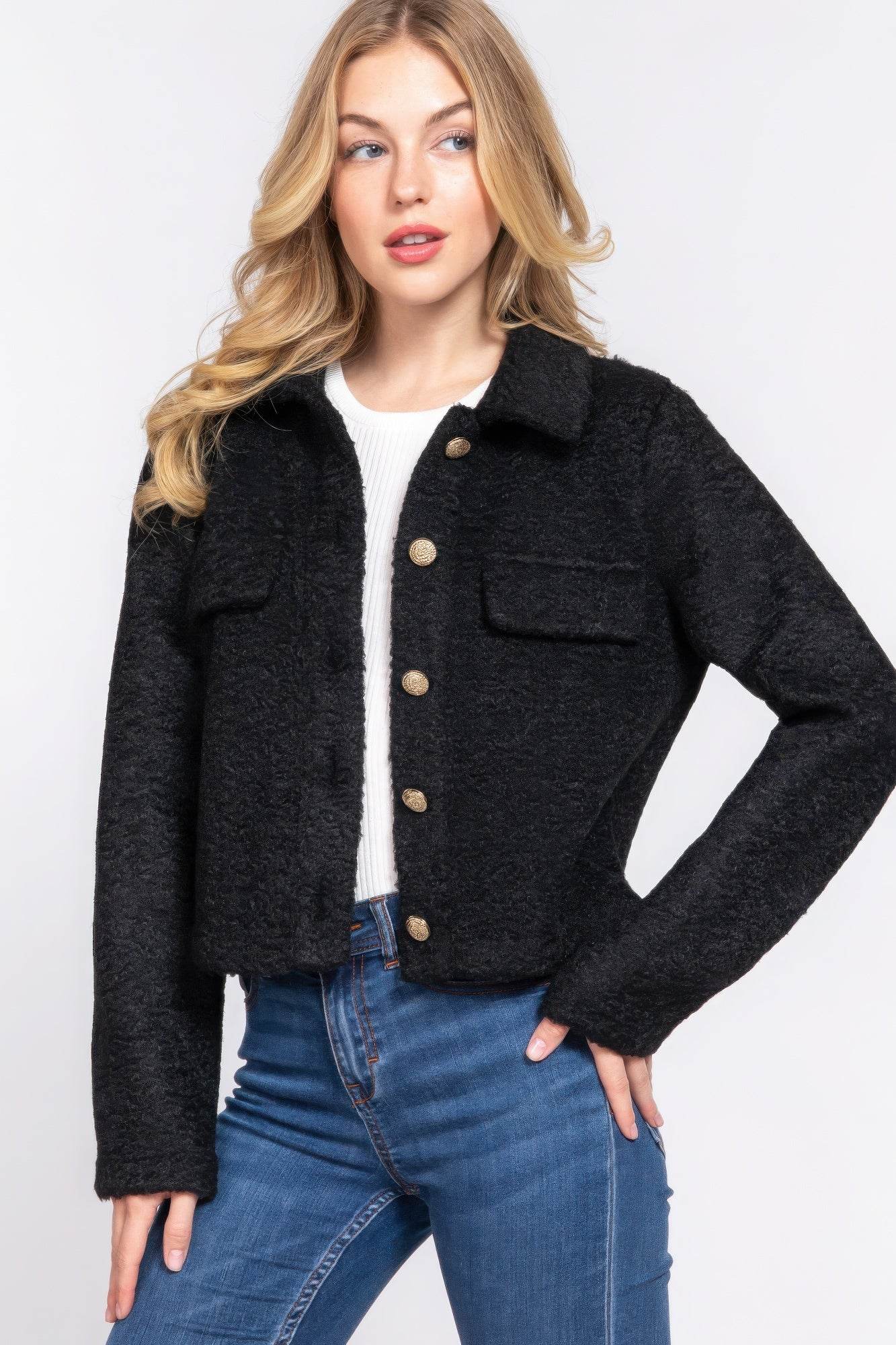 Long Slv Teddy Fleece Short Jacket - VacationGrabs
