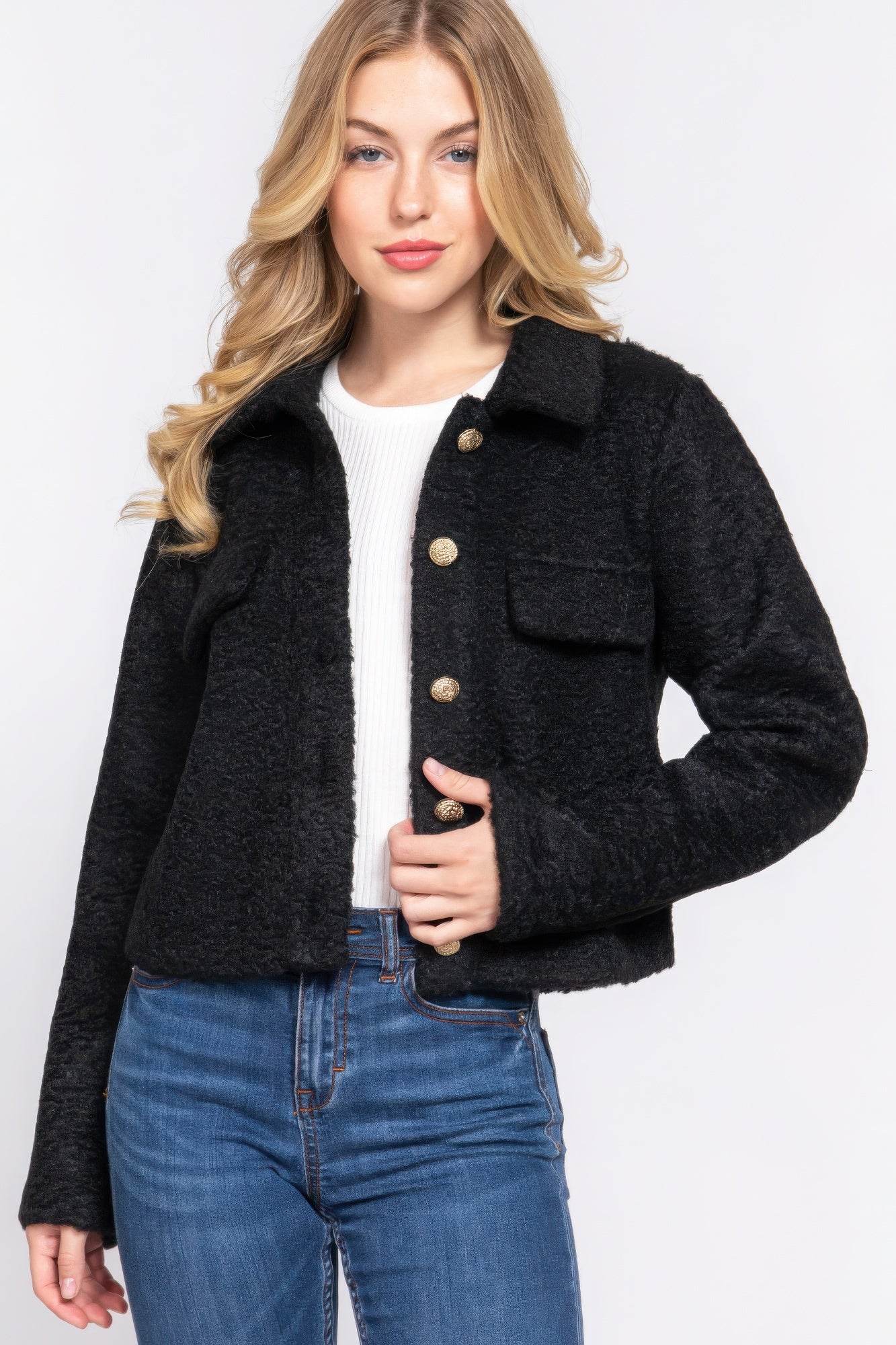 Long Slv Teddy Fleece Short Jacket - VacationGrabs