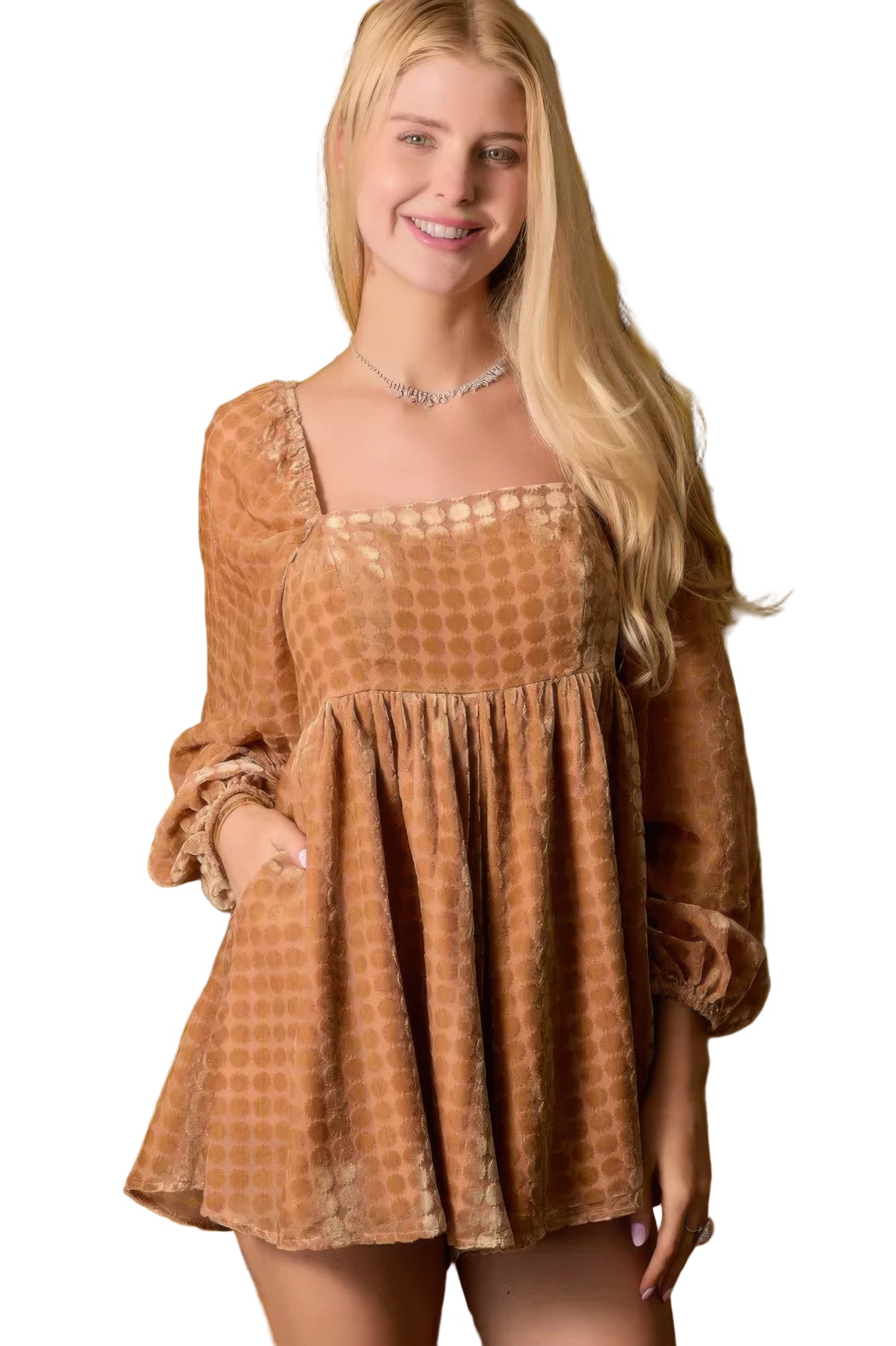 Brown velvet square neck romper with puff sleeves and pockets for a stylish look
