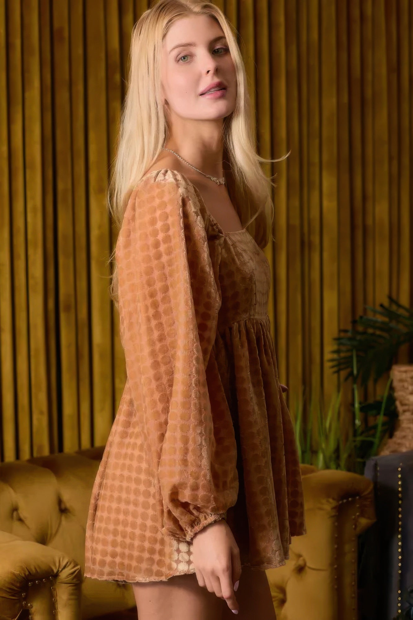 Women's velvet square neck romper in warm tones, perfect for stylish summer outings