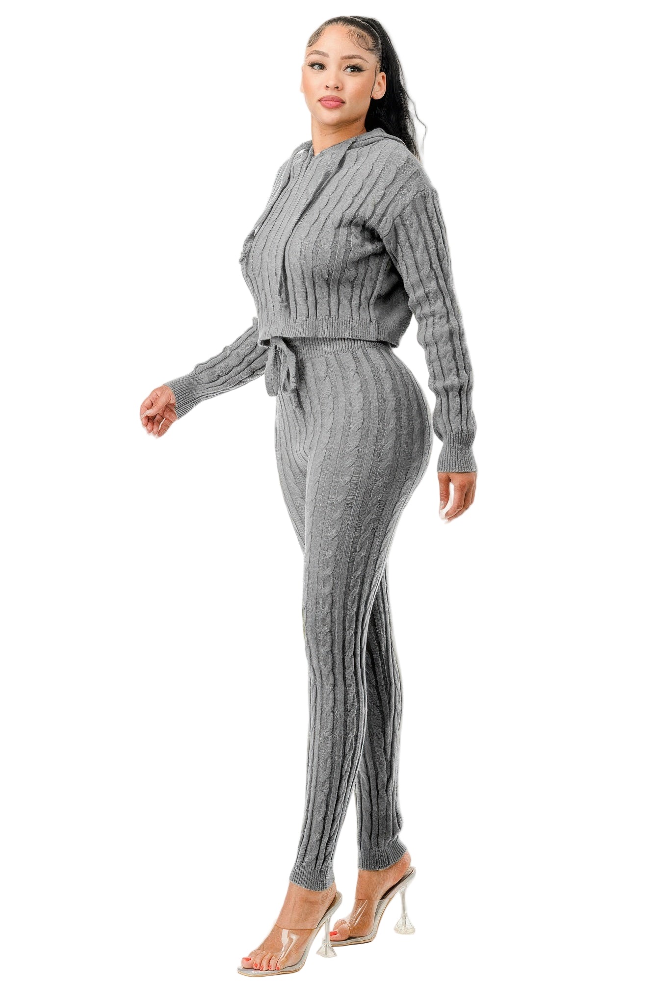Stylish grey cable knit hoodie sweater set for women featuring a fitted design and trendy style