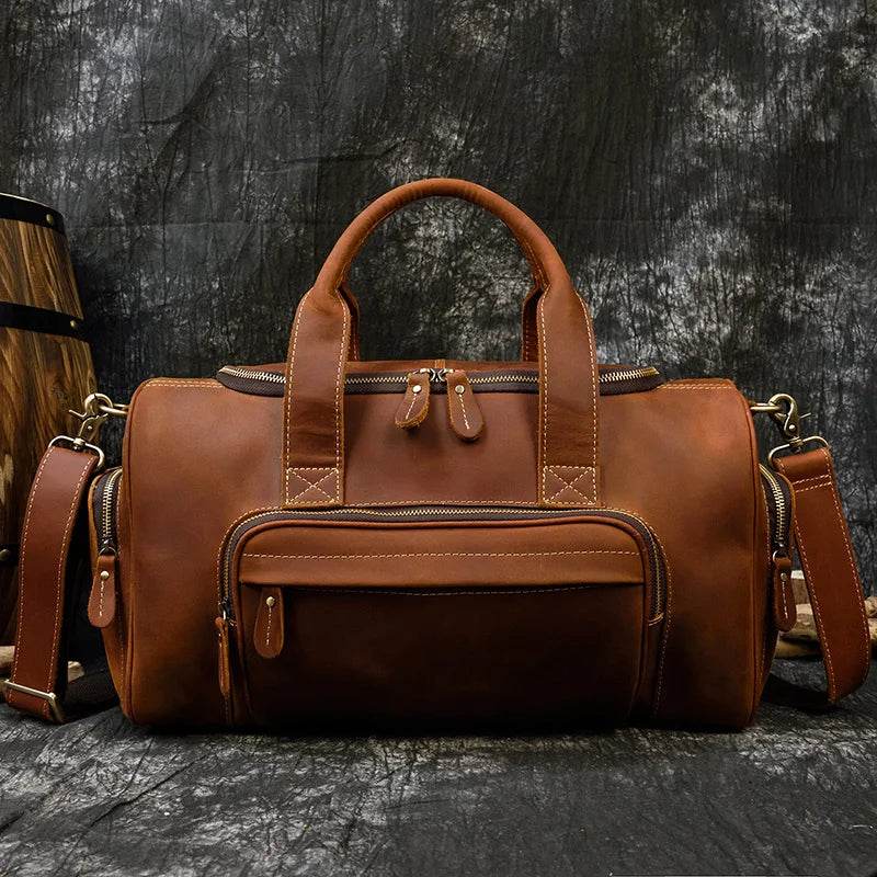 Retro Leather Men’s Travel Duffle Bag Large Capacity Cowhide Tote - VacationGrabs