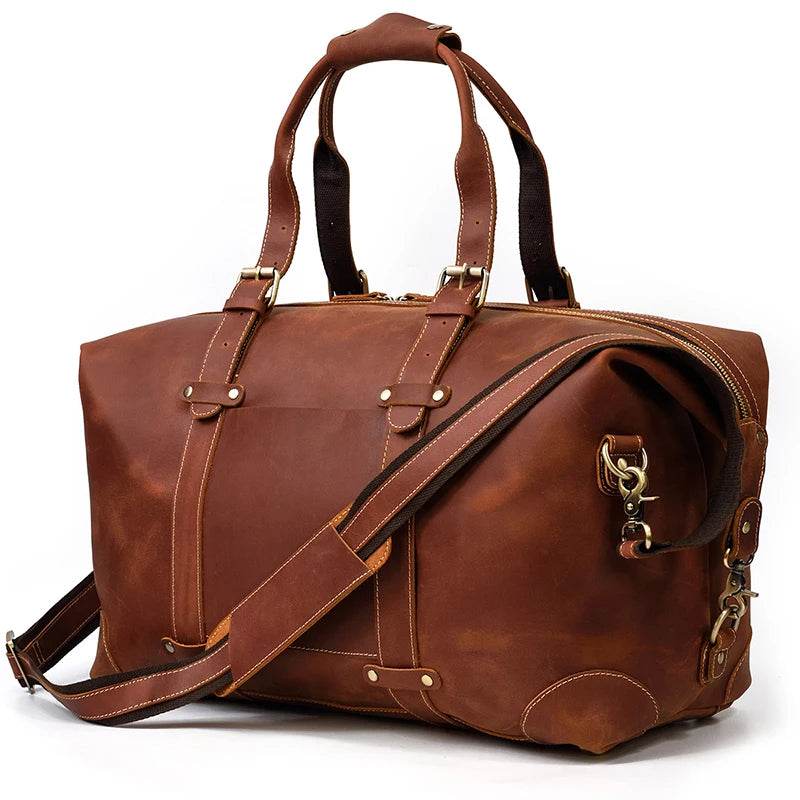 Vintage Genuine Leather Weekender Bag for Men Cowskin Travel Tote - VacationGrabs