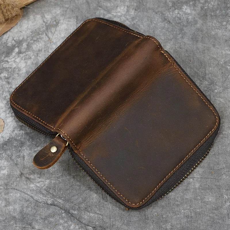 Retro Men's Short Wallet Vintage Cow Leather Zipper Credit Card Holder - VacationGrabs