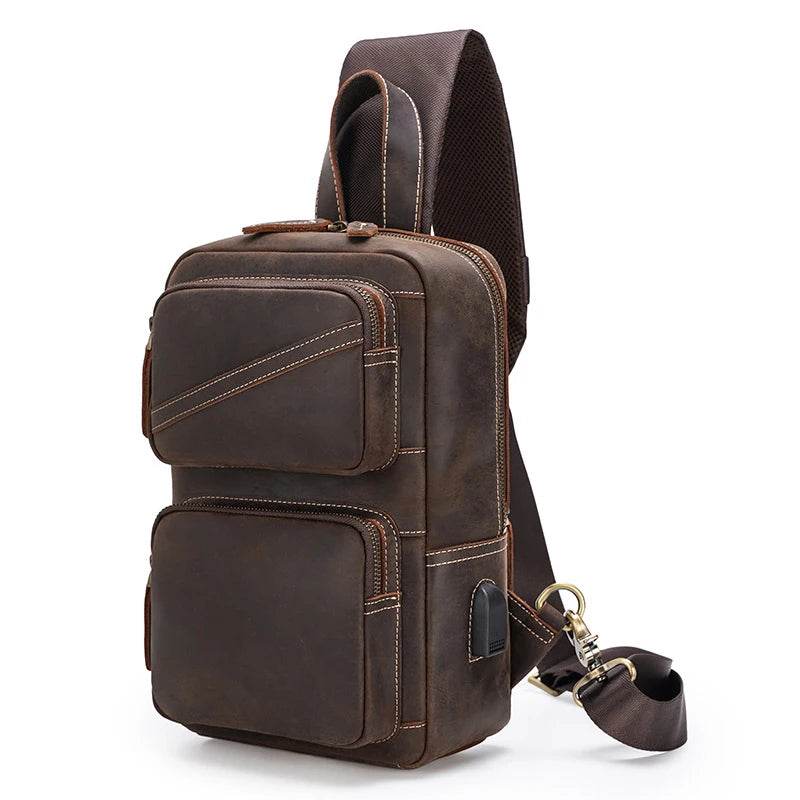 Leather Chest Bag Big Capacity Crazy Horse Vintage Sling Bag - VacationGrabs