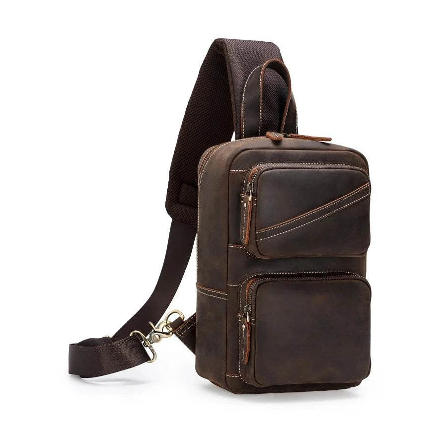 Leather Chest Bag Big Capacity Crazy Horse Vintage Sling Bag - VacationGrabs