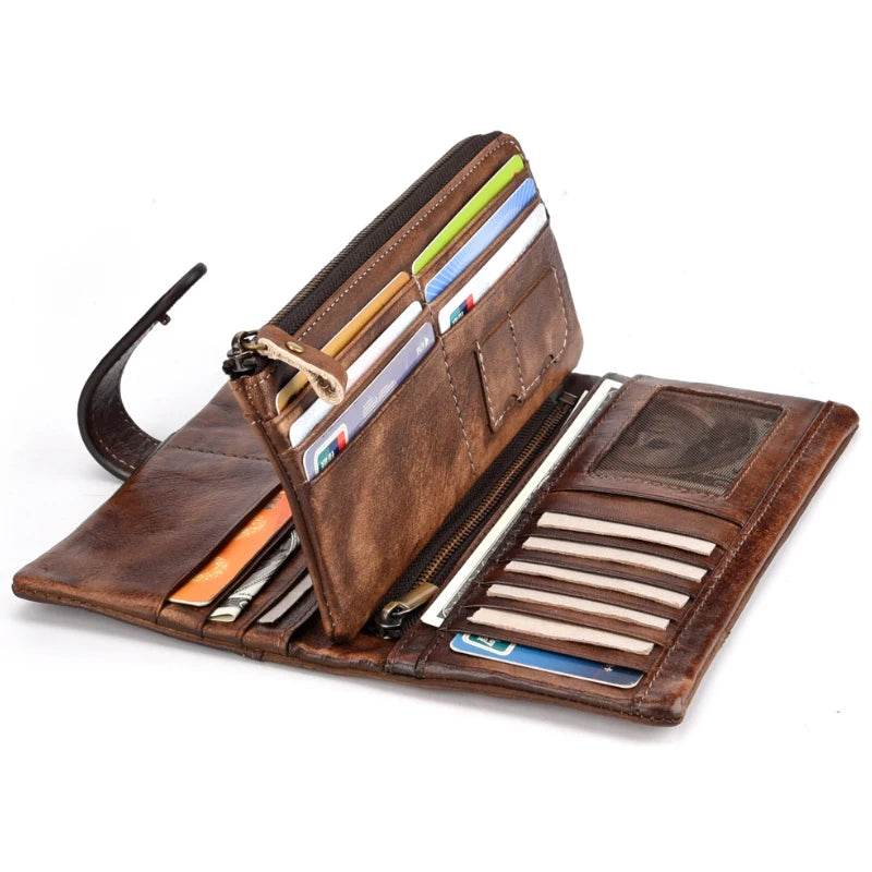 Vintage Wax Oil Skin Long Purse Genuine Leather RFID Wallet for Men - VacationGrabs