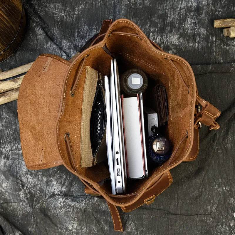 Men’s Women’s Crazy Horse Leather Backpack Unisex School Bag - VacationGrabs