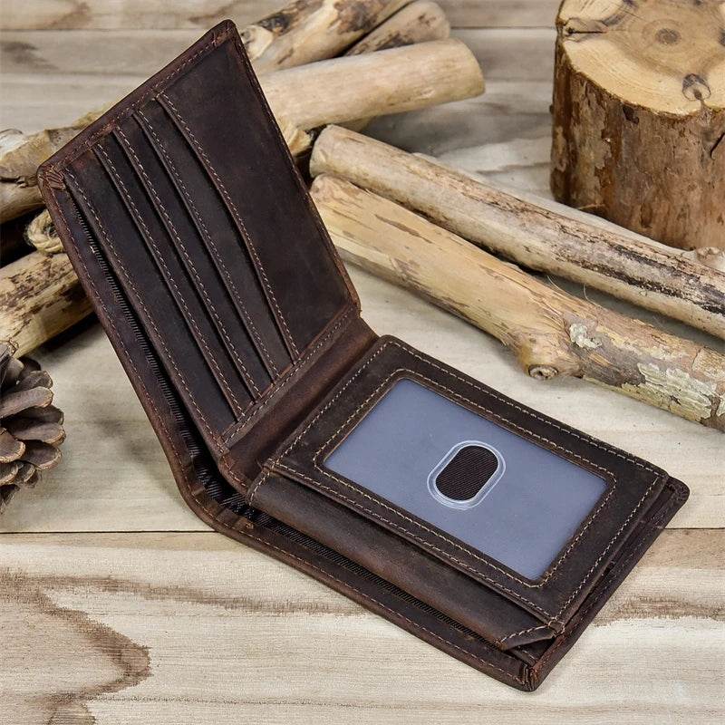 Men’s Genuine Leather Crazy Horse Short Wallet Vintage Card Holder - VacationGrabs