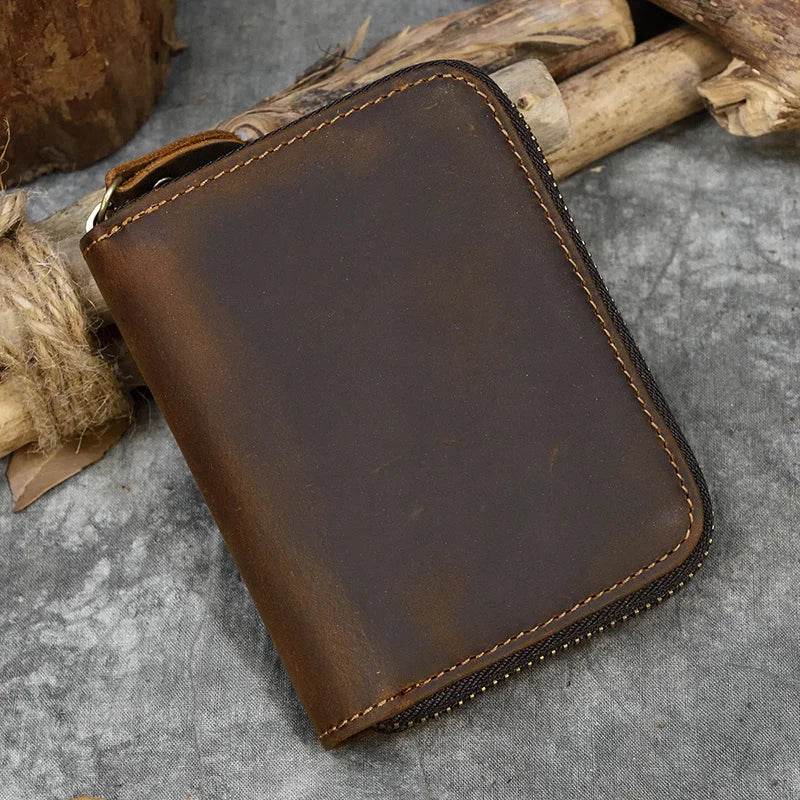 Retro Men's Short Wallet Vintage Cow Leather Zipper Credit Card Holder - VacationGrabs