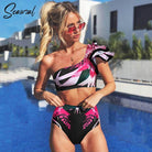 Floral White Ruffle Bikini Swimsuit - VacationGrabs