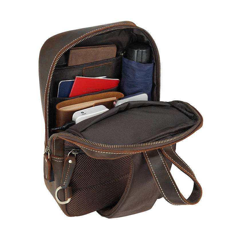 Leather Chest Bag Big Capacity Crazy Horse Vintage Sling Bag - VacationGrabs