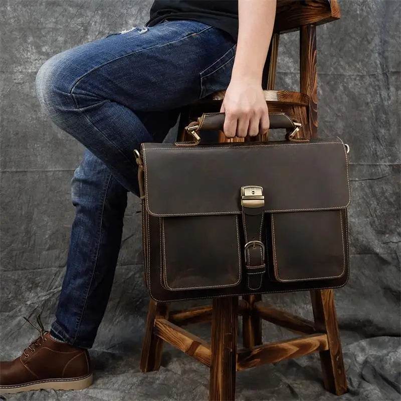 Luxury Genuine Leather Briefcase Laptop Bag Vintage Shoulder Bag - VacationGrabs