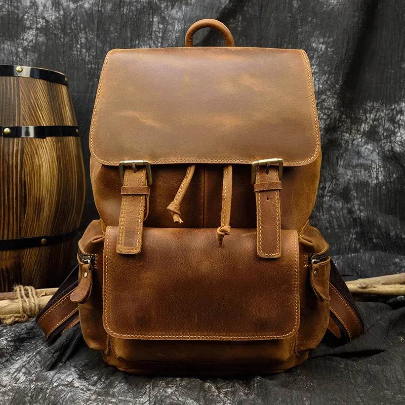 Men’s Women’s Crazy Horse Leather Backpack Unisex School Bag - VacationGrabs