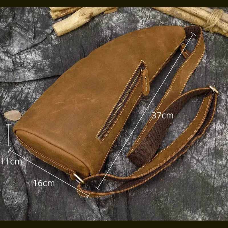 Unique Leather Chest Bag Crazy Horse Vintage Crossbody Sling Bag - VacationGrabs