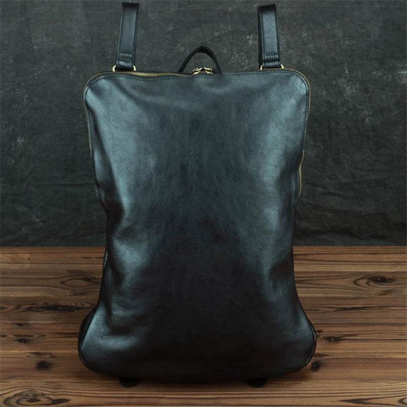 Simple Design Leather Backpack for Men Black Soft Cowskin Bag - VacationGrabs