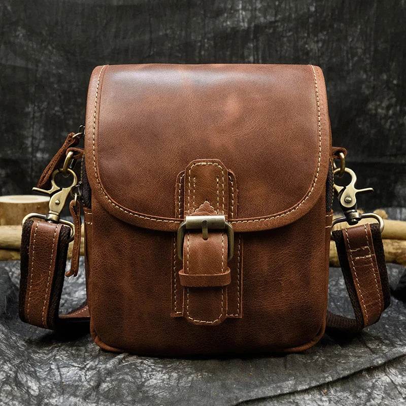 Vintage Leather Small Shoulder Waist Belt Bag for Men - VacationGrabs