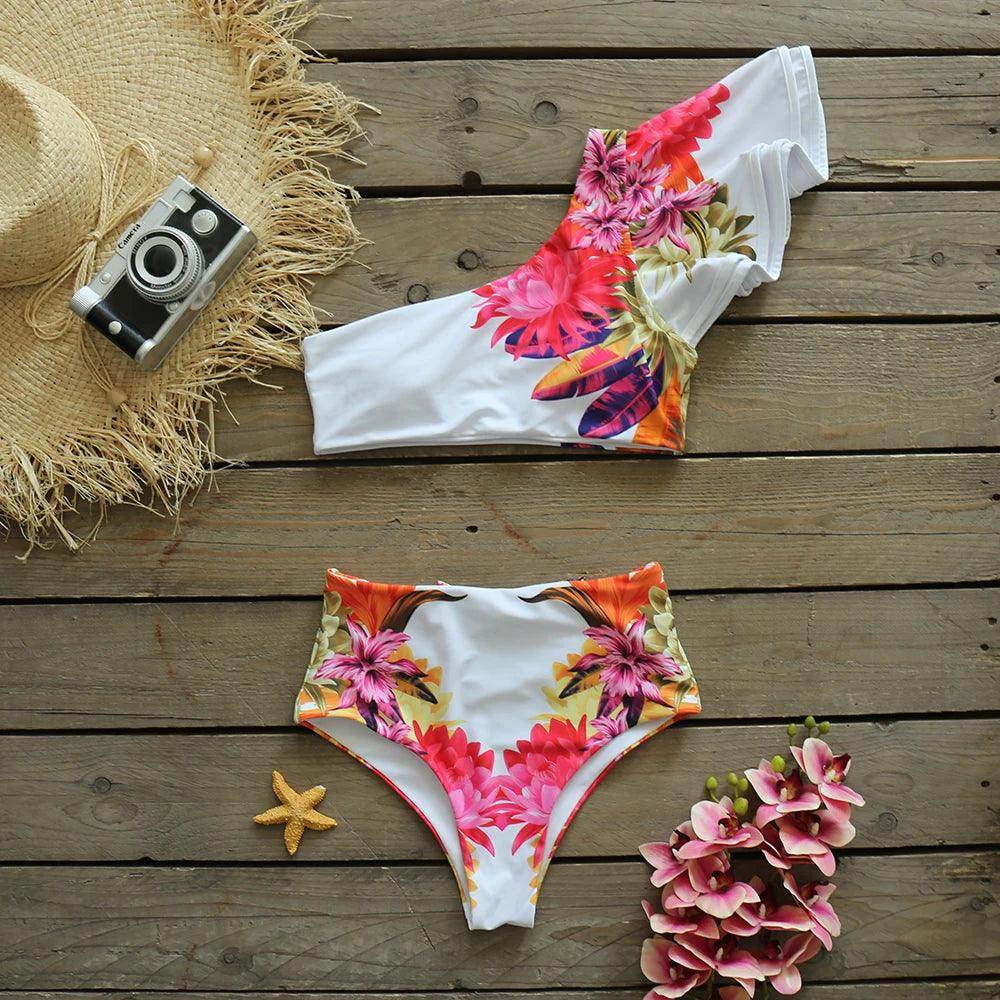 Floral White Ruffle Bikini Swimsuit - VacationGrabs