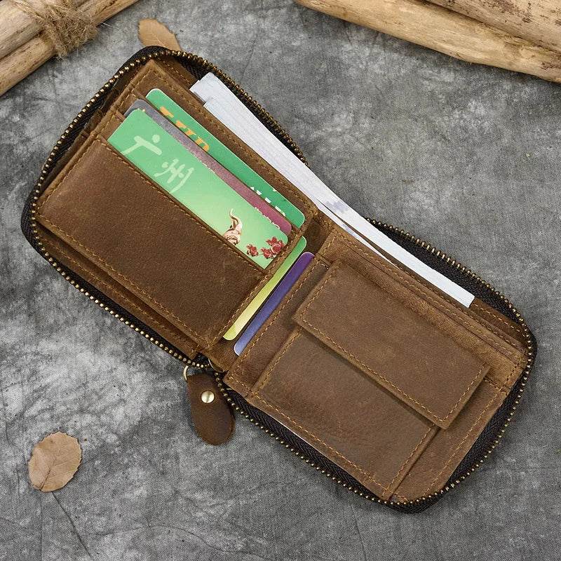 Retro Men's Short Wallet Vintage Cow Leather Zipper Credit Card Holder - VacationGrabs