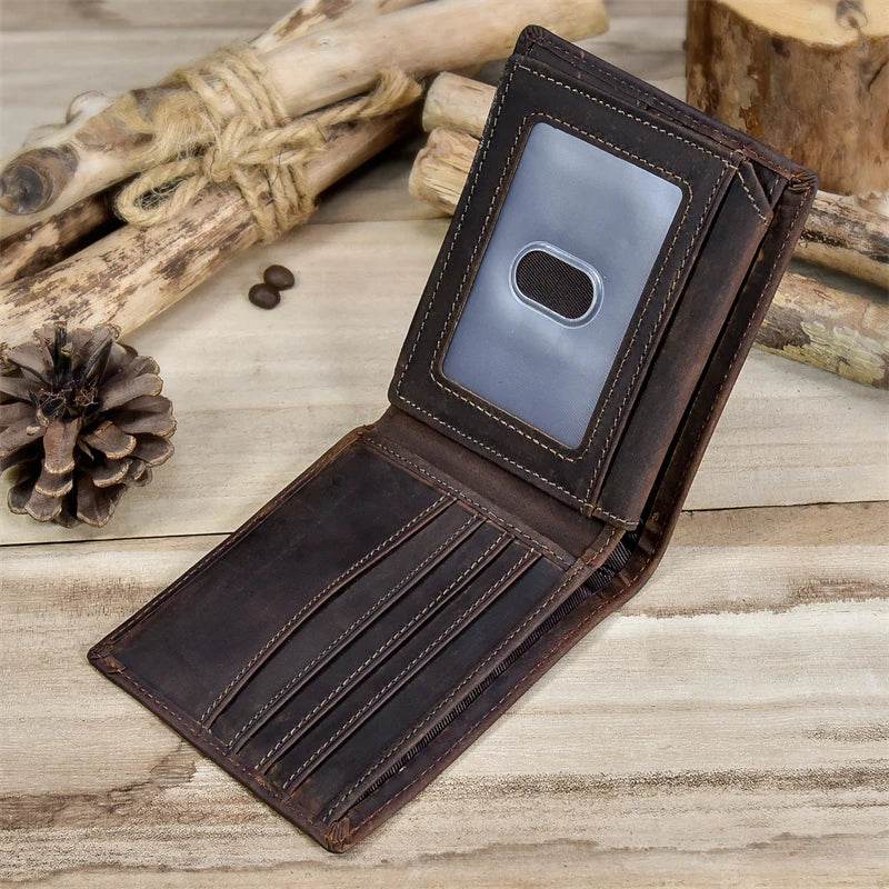 Men’s Genuine Leather Crazy Horse Short Wallet Vintage Card Holder - VacationGrabs