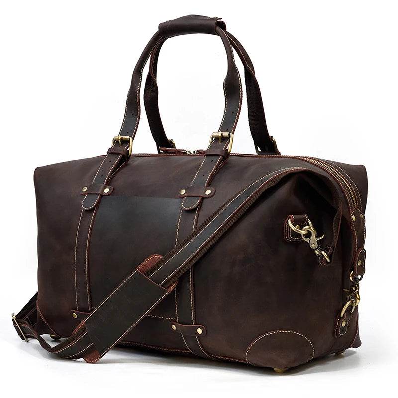 Vintage Genuine Leather Weekender Bag for Men Cowskin Travel Tote - VacationGrabs