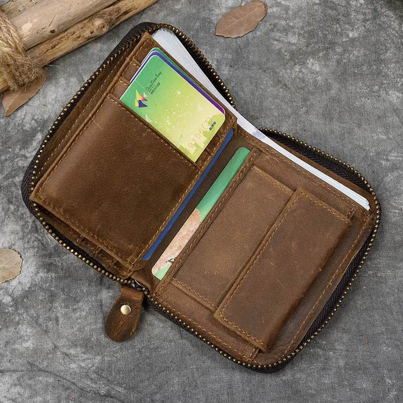 Retro Men's Short Wallet Vintage Cow Leather Zipper Credit Card Holder - VacationGrabs