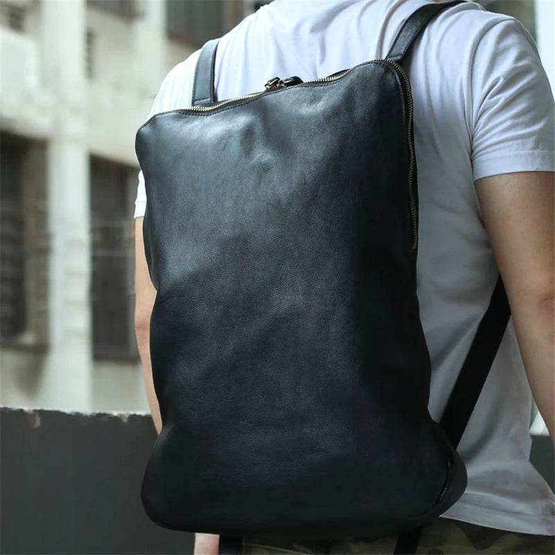 Simple Design Leather Backpack for Men Black Soft Cowskin Bag - VacationGrabs
