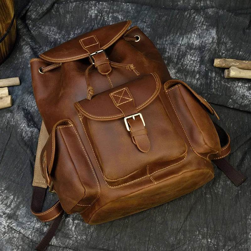 Men’s Women’s Crazy Horse Leather Backpack Unisex School Bag - VacationGrabs