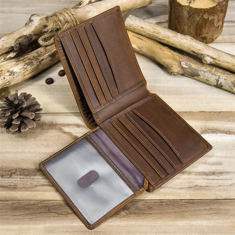 Men’s Genuine Leather Crazy Horse Short Wallet Vintage Card Holder - VacationGrabs