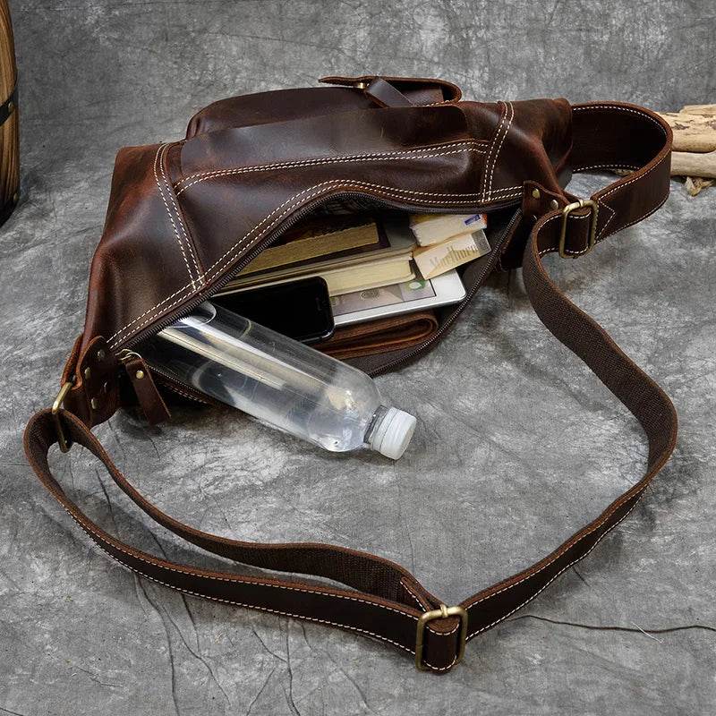 Retro Big Leather Chest Bag Sports Hiking Crossbody Sling Bag - VacationGrabs