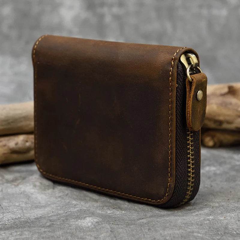 Retro Men's Short Wallet Vintage Cow Leather Zipper Credit Card Holder - VacationGrabs