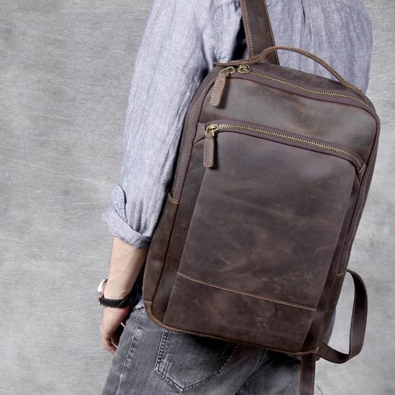 Vintage Men's Crazy Horse Leather Backpack Travel Rucksack Bag - VacationGrabs