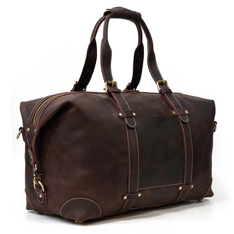 Vintage Genuine Leather Weekender Bag for Men Cowskin Travel Tote - VacationGrabs