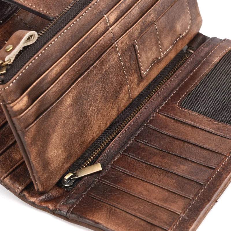 Vintage Wax Oil Skin Long Purse Genuine Leather RFID Wallet for Men - VacationGrabs