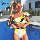 Women's Swimwear - 2PC Floral White Ruffle Bikini Swimsuit