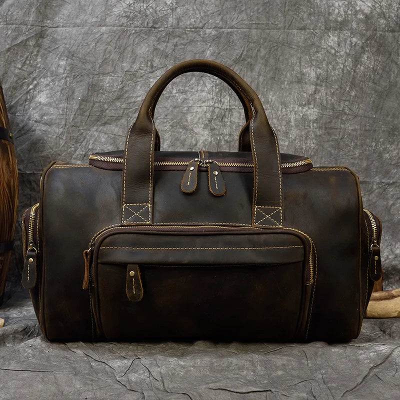 Retro Leather Men’s Travel Duffle Bag Large Capacity Cowhide Tote - VacationGrabs