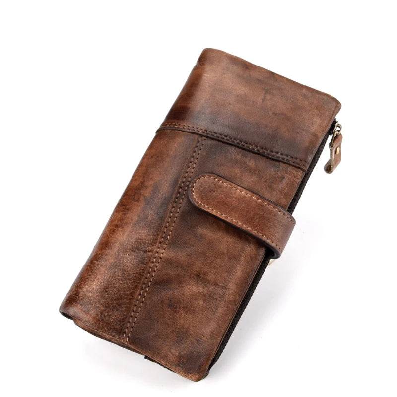 Vintage Wax Oil Skin Long Purse Genuine Leather RFID Wallet for Men - VacationGrabs