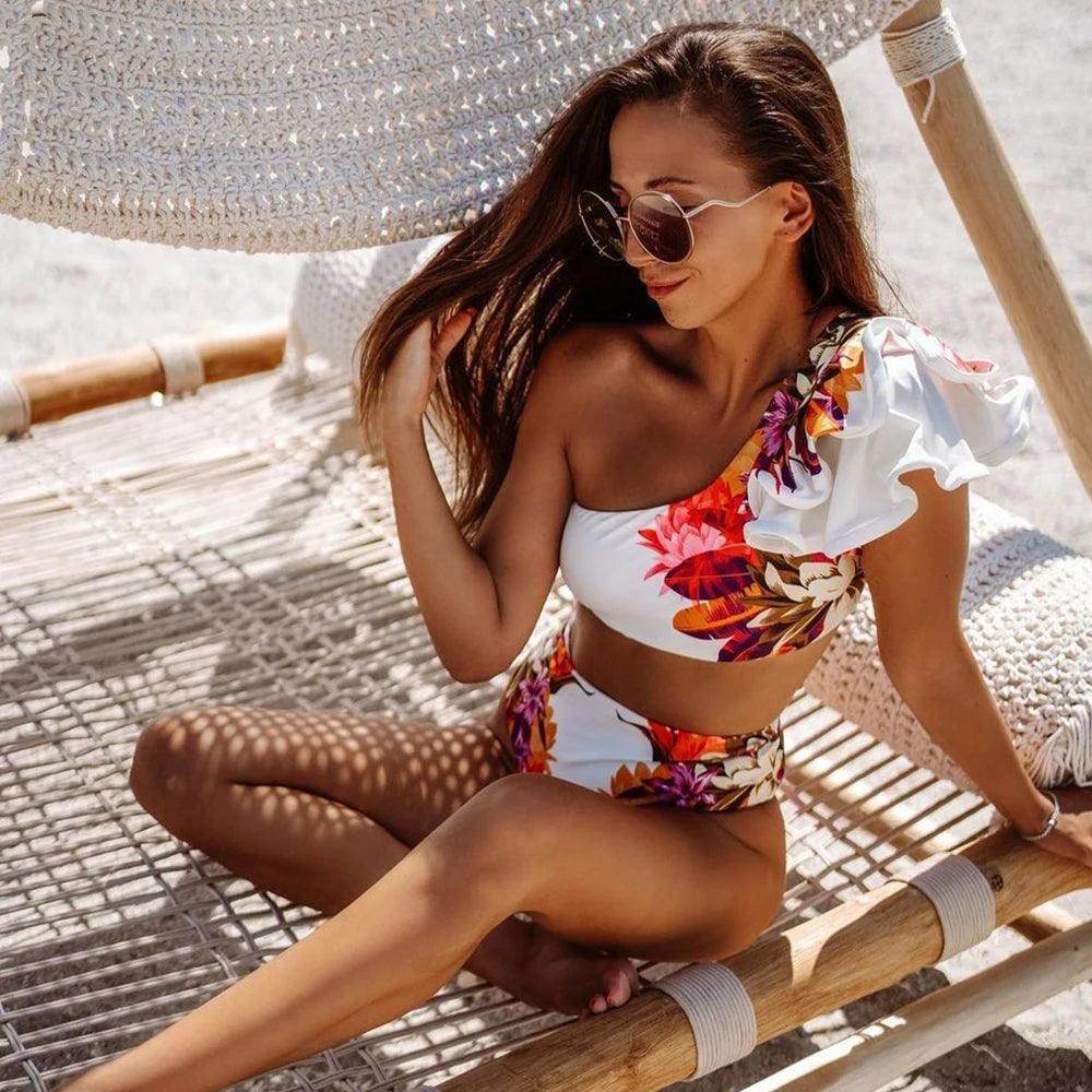 Floral White Ruffle Bikini Swimsuit - VacationGrabs