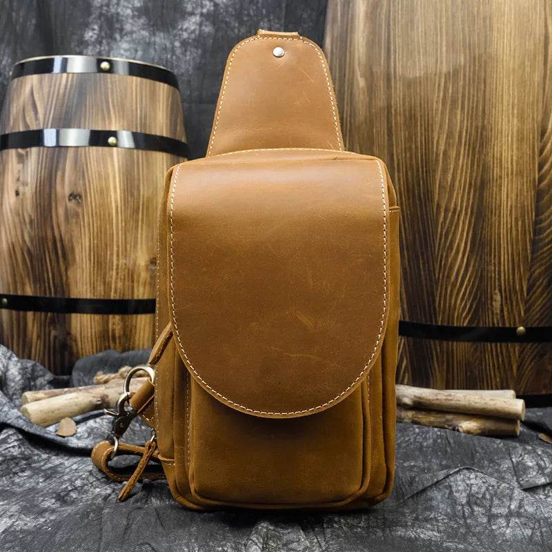 Unique Leather Chest Bag Crazy Horse Vintage Crossbody Sling Bag - VacationGrabs