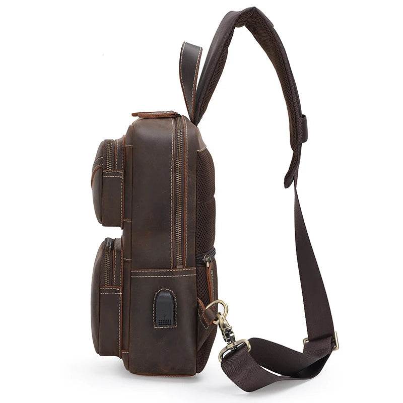 Leather Chest Bag Big Capacity Crazy Horse Vintage Sling Bag - VacationGrabs