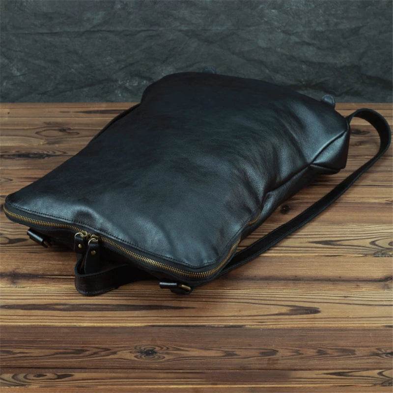 Simple Design Leather Backpack for Men Black Soft Cowskin Bag - VacationGrabs