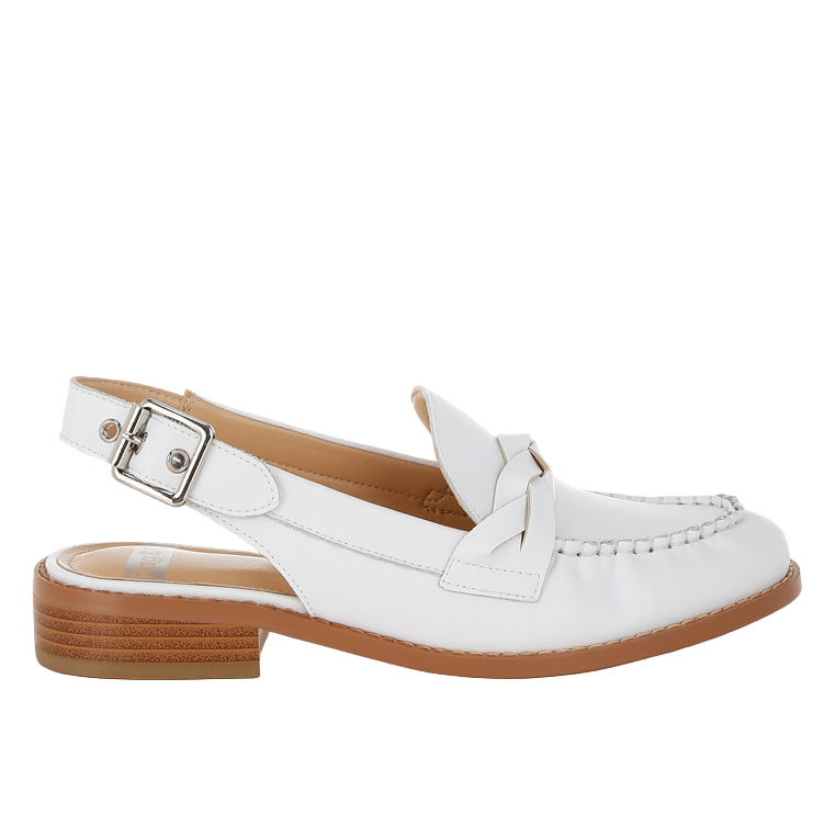 White loafer shoe with a wooden sole on a light blue background